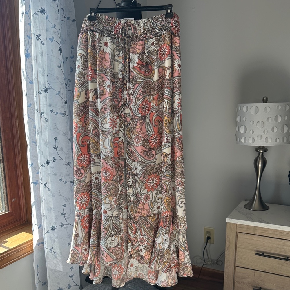 Floral Paisley Maxi Skirt - Pink and Cream